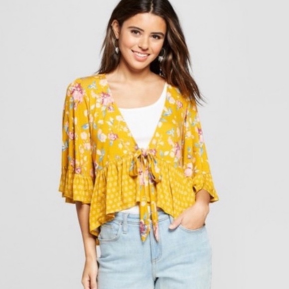 Xhilaration Tops - Xhilaration | Floral Bell Sleeve Front Tie Blouse, XL